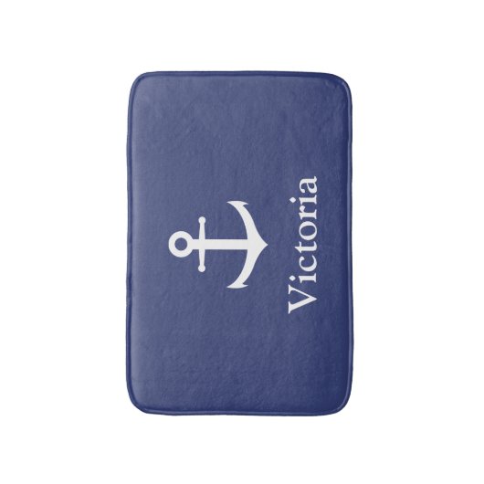 Nautical Custom Name Blue en White Anchor Badmat (Voorkant Verticaal)