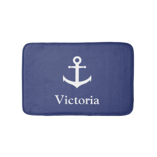 Nautical Custom Name Blue en White Anchor Badmat