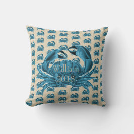 Nautical Custom Name Crab in Blue en Tan Kussen
