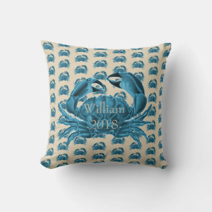 Nautical Custom Name Crab in Blue en Tan Kussen