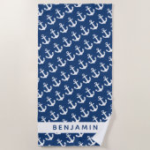 Nautical Custom Name Navy Blue White Anchor Strandlaken (Voorkant)
