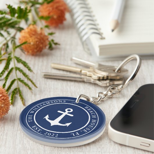 Nautical Custom Name Year Navy Blue White Anchor Sleutelhanger (Voorkant Rechts)