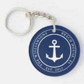 Nautical Custom Name Year Navy Blue White Anchor Sleutelhanger (Voorkant)