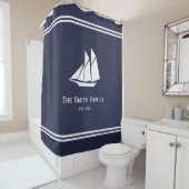 Nautical Custom Text on Midnight Blue and White Douchegordijn (In situ)