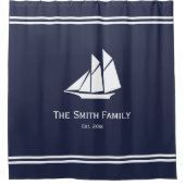 Nautical Custom Text on Midnight Blue and White Douchegordijn (Voorkant)