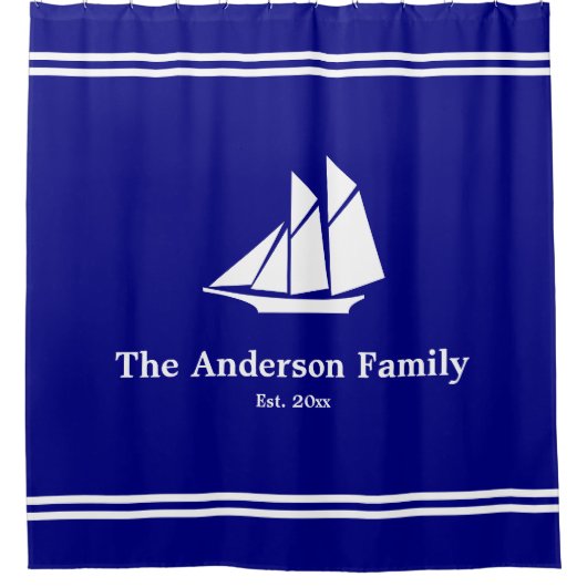 Nautical Custom Text on Navy Blue and White  Douchegordijn (Voorkant)