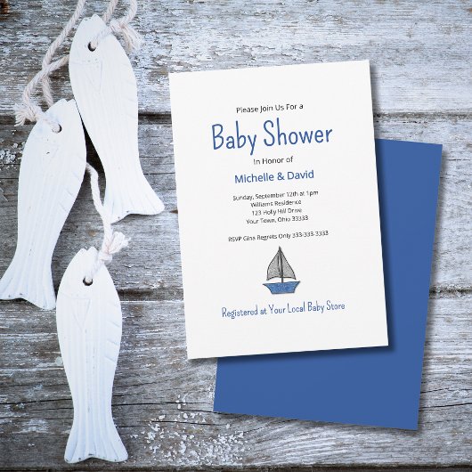 Nautical Cute Blue Sailboat Boy Baby Shower  Kaart