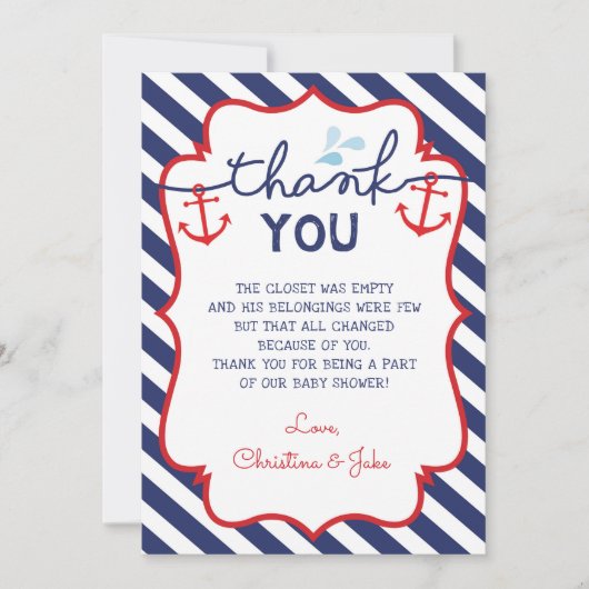 Nautical Dank u kaart Baby shower Birthday Navy (Voorkant)