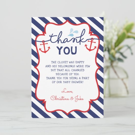 Nautical Dank u kaart Baby shower Birthday Navy (Staand voorkant)