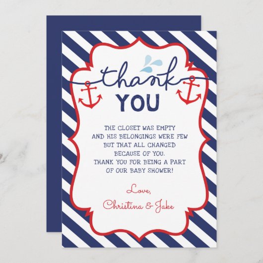 Nautical Dank u kaart Baby shower Birthday Navy (Voorkant / Achterkant)