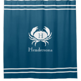 Nautical Dark Blauwgroen Blue White Crab Monogram  Douchegordijn