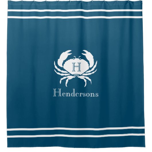 Nautical Dark Blauwgroen Blue White Crab Monogram  Douchegordijn (Voorkant)