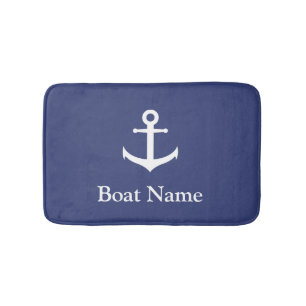 Nautical Dark Blue and White Anchor met Boat Name Badmat