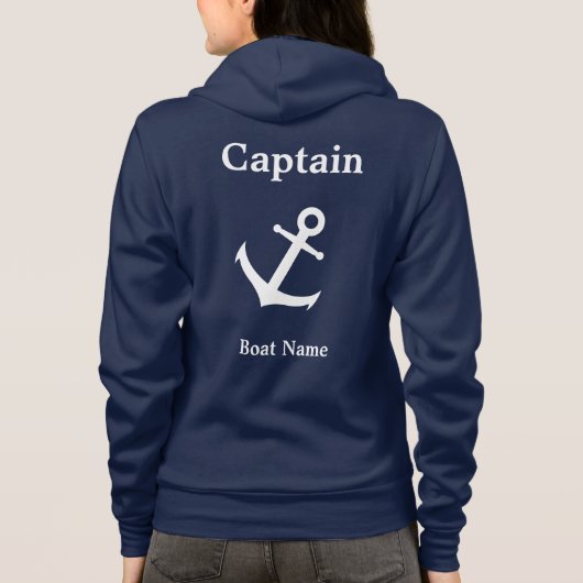 Nautical Dark Blue and White Captain & Boat Name Hoodie (Achterkant)