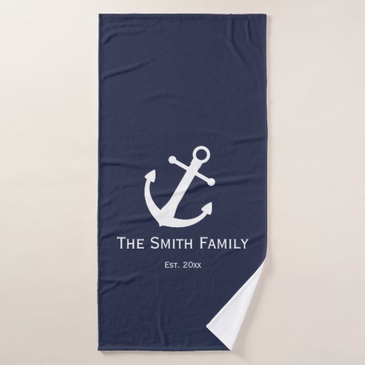 Nautical Dark Blue and White Name Anchor Bad Handdoek (Badhanddoek)