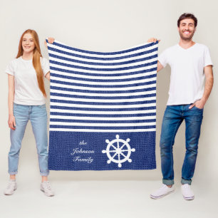 Nautical Dark Blue and White Stripes Fleece Deken