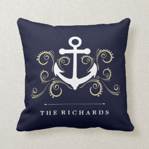 Nautical Dark Blue met Anchor en Gold Swirls Kussen