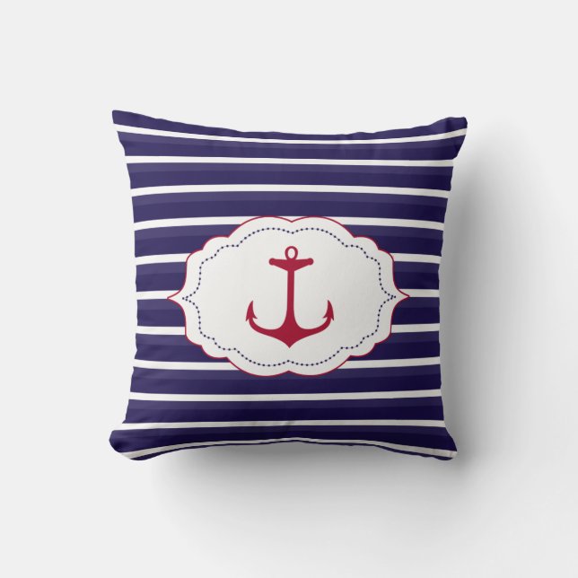 Nautical Dark Blue White Stripes Red Anchor Kussen (Voorkant)