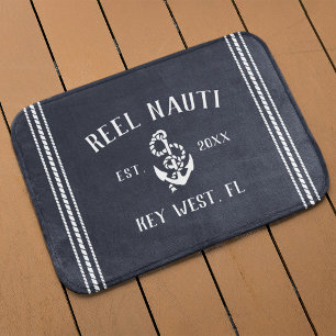 Nautical Dark Navy Rustic Anchor   Naam van je boo Badmat