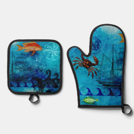  Nautical Deep Blue Zee Ovenwant & Pannenlap Set