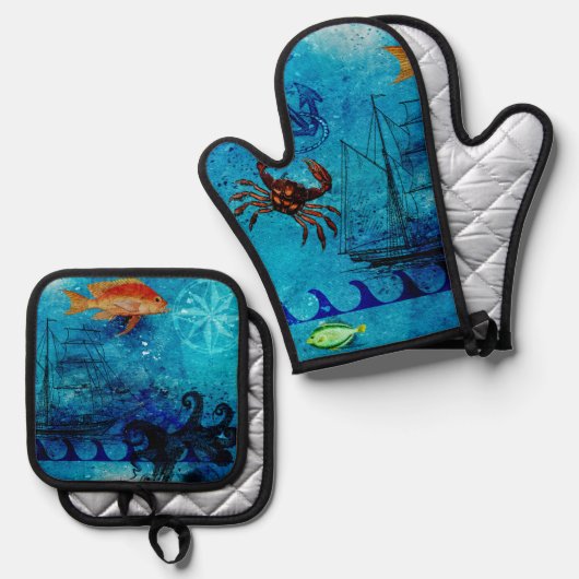  Nautical Deep Blue Zee Ovenwant & Pannenlap Set (Voorkant / Achterkant)