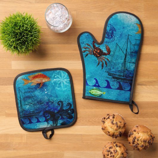 Nautical Deep Blue Zee Ovenwant & Pannenlap Set (Top down)