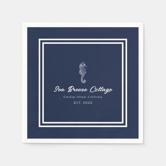 Nautical Delight: Blauw en wit zeepaardje Servet (Voorkant)