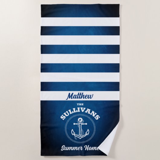 Nautical Design Navy Blue Striped Beach Towel Strandlaken (Voorkant)
