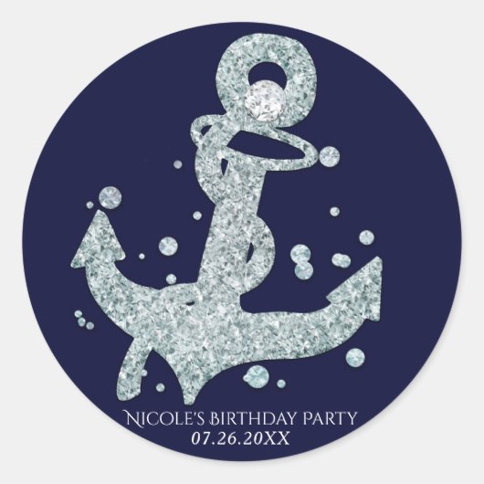 Nautical Diamond Anchor Bling Glam Beach Ronde Sticker (Voorkant)