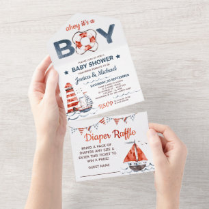 Nautical Diaper Raffle and Baby shower All In One Uitnodiging
