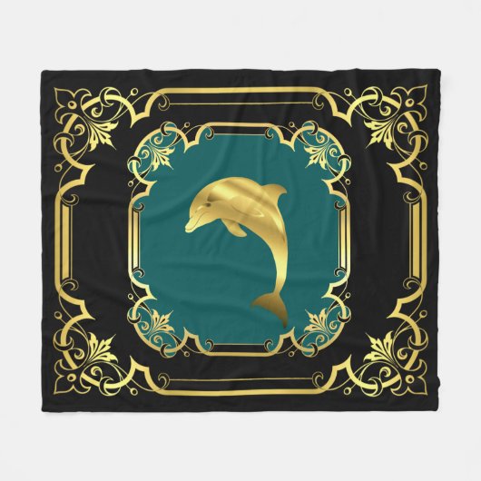 Nautical dolphin gilded black/gold/aqua fleece deken (Voorkant (Horizontaal))