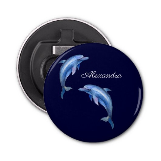 Nautical Dolphin Waterverf Navy Blue Coastal Button Flesopener (Voorkant)