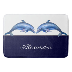 Nautical Dolphin Waterverf White Navy Blue Name Badmat