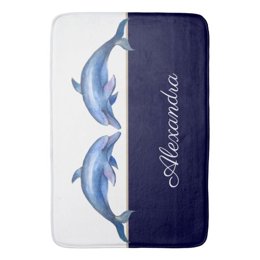 Nautical Dolphin Waterverf White Navy Blue Name Badmat (Voorkant Verticaal)