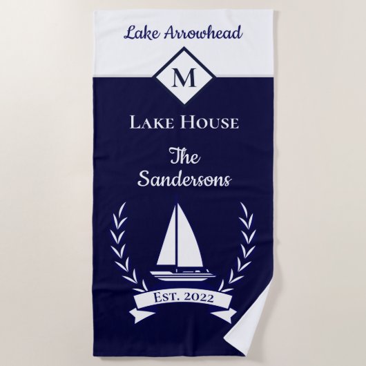 Nautical Donker Navy Blauw Witte Monogram Woonhuis Strandlaken (Voorkant)
