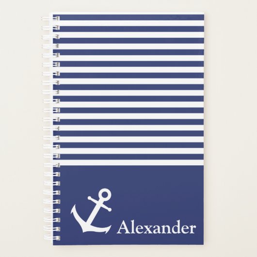 Nautical Donkerblauw en Wit Gestreept Naamanker Planner (Voorkant)