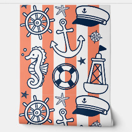 Nautical Doodles – Coral & Navy Coastal Stripe Behang