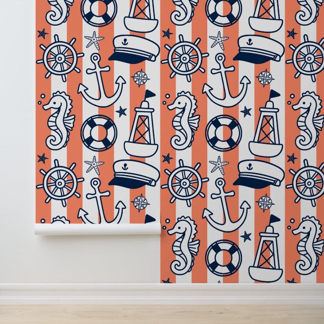 Nautical Doodles – Coral & Navy Coastal Stripe Behang (Applicatie)