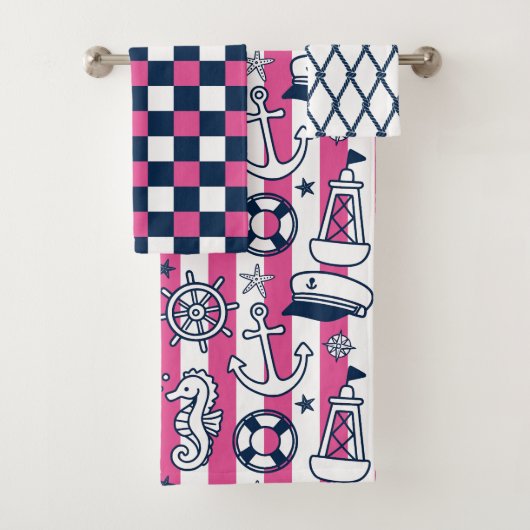 Nautical Doodles – Hot Pink & Navy Coastal Stripe Bad Handdoek (Insitu)
