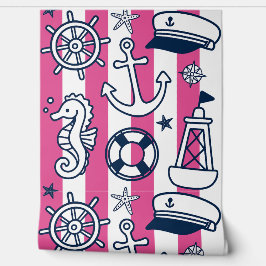 Nautical Doodles – Hot Pink & Navy Coastal Stripe Behang