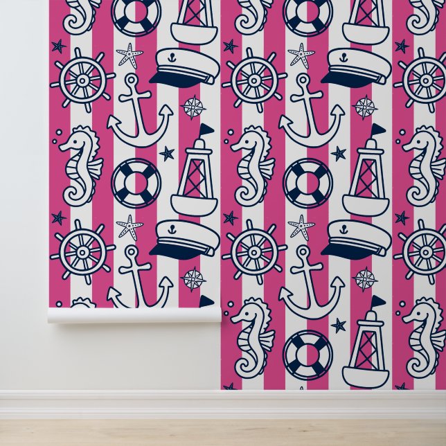 Nautical Doodles – Hot Pink & Navy Coastal Stripe Behang (Applicatie)