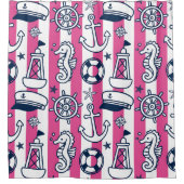 Nautical Doodles – Hot Pink & Navy Coastal Stripe Douchegordijn (Voorkant)