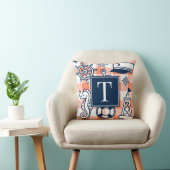 Nautical Doodles – Koraal & Marine Gingham Monogra Kussen (Stoel)