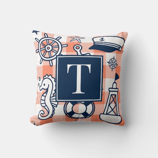 Nautical Doodles – Koraal & Marine Gingham Monogra Kussen (Voorkant)