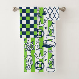 Nautical Doodles – Lime & Navy Coastal Stripe Bad Handdoek