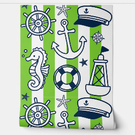 Nautical Doodles – Lime & Navy Coastal Stripe Behang