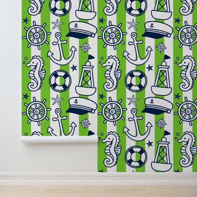 Nautical Doodles – Lime & Navy Coastal Stripe Behang (Applicatie)