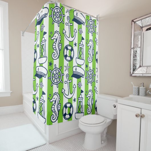 Nautical Doodles – Lime & Navy Coastal Stripe Douchegordijn (In situ)