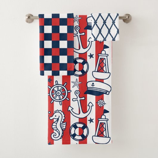 Nautical Doodles – Red & Navy Coastal Stripe Bad Handdoek (Insitu)
