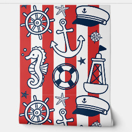 Nautical Doodles – Red & Navy Coastal Stripe Behang